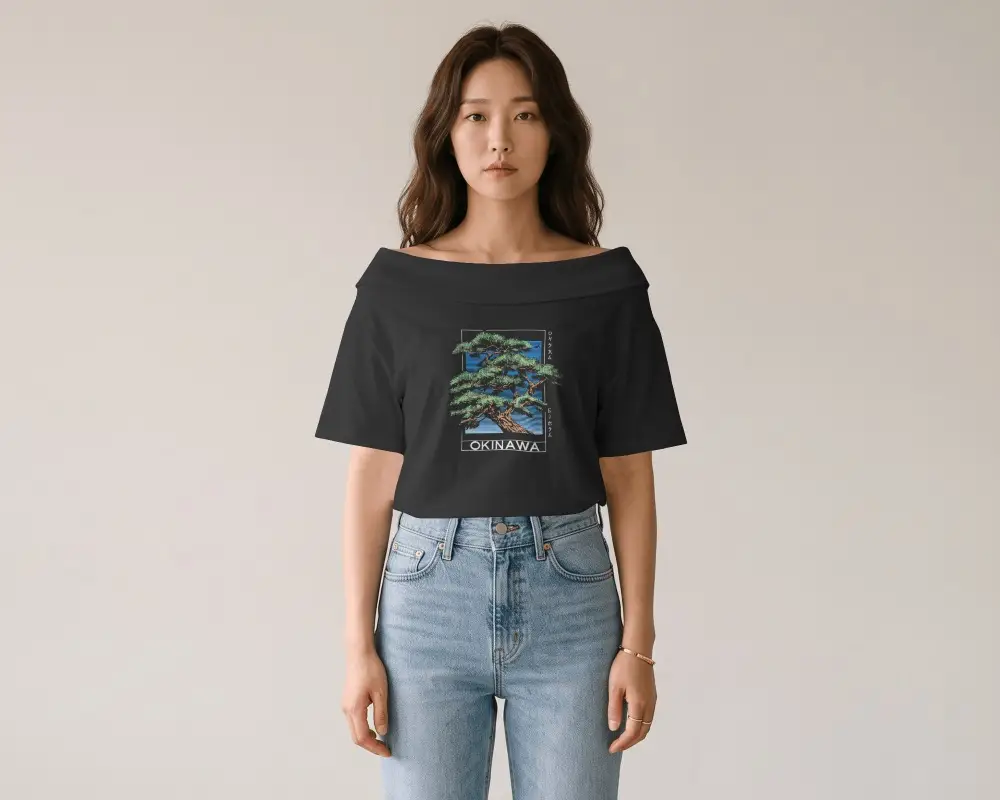 Soft Neutral Off Shoulder T Shirt Mockup Female Model Facing Camera In Minimal Editorial Fashion