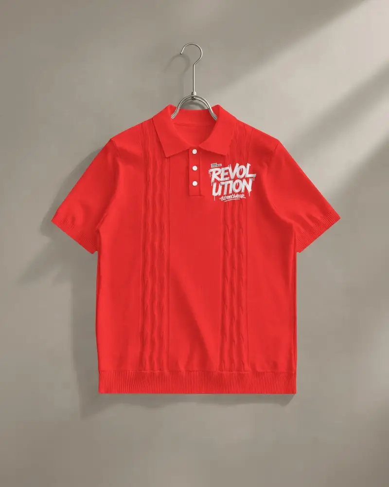 Sculpted Knit Polo Shirt Mockup Hanging Against Plaster Wall With Linear Texture And Daylight