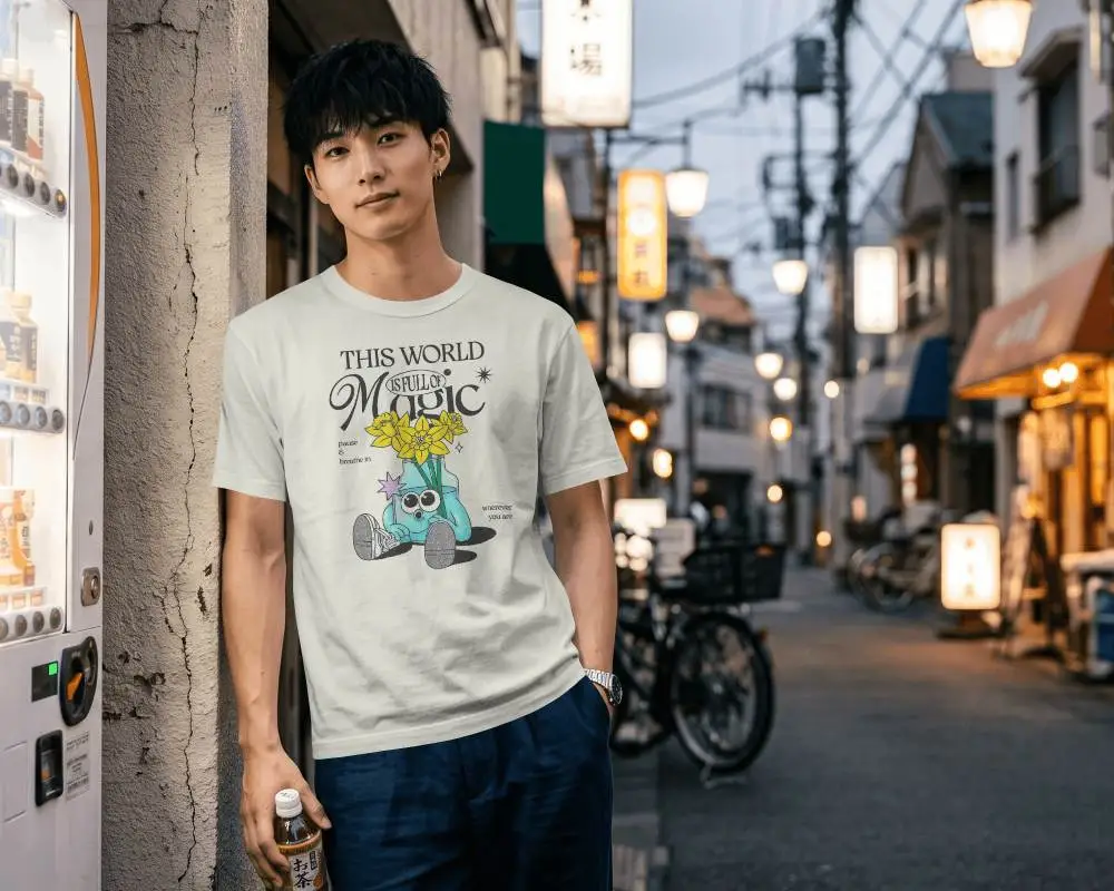 Japanese Alley T Shirt Mockup Young Male Model Leaning Beside Vending Machine At Blue Hour