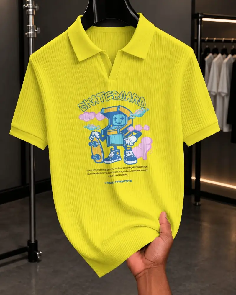 Vertical Channel Polo Mockup Hand Lifting Ribbed Knit Garment Against Luxury Clothing Rack