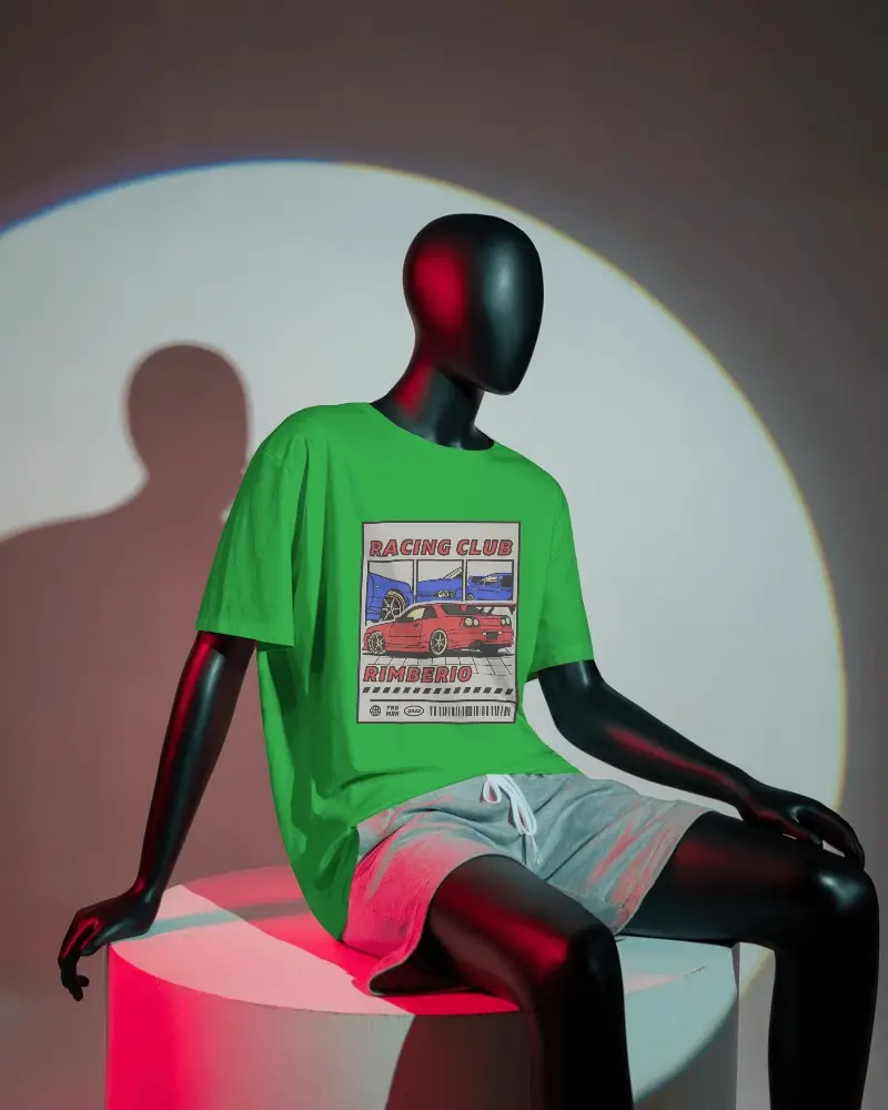 Studio Lit Unisex T Shirt Mockup Minimalistic Seated Pose On White Cylinder Podium In Color Haze