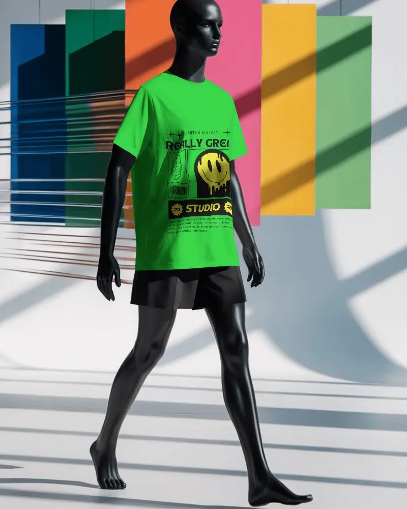 Colorful Background T Shirt Mockup Black Mannequin Striding In Sunlit Room With Geometric Shadow Effects
