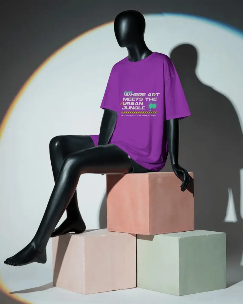 Fashion Forward T Shirt Mockup Seated Black Mannequin On Geometric Pedestals Under Focused Light Circle