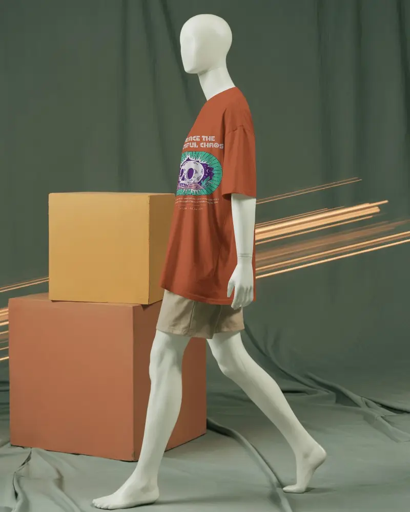 Full Body T Shirt Mockup White Mannequin In Motion Against Draped Fabric Background And Modern Podium Cubes