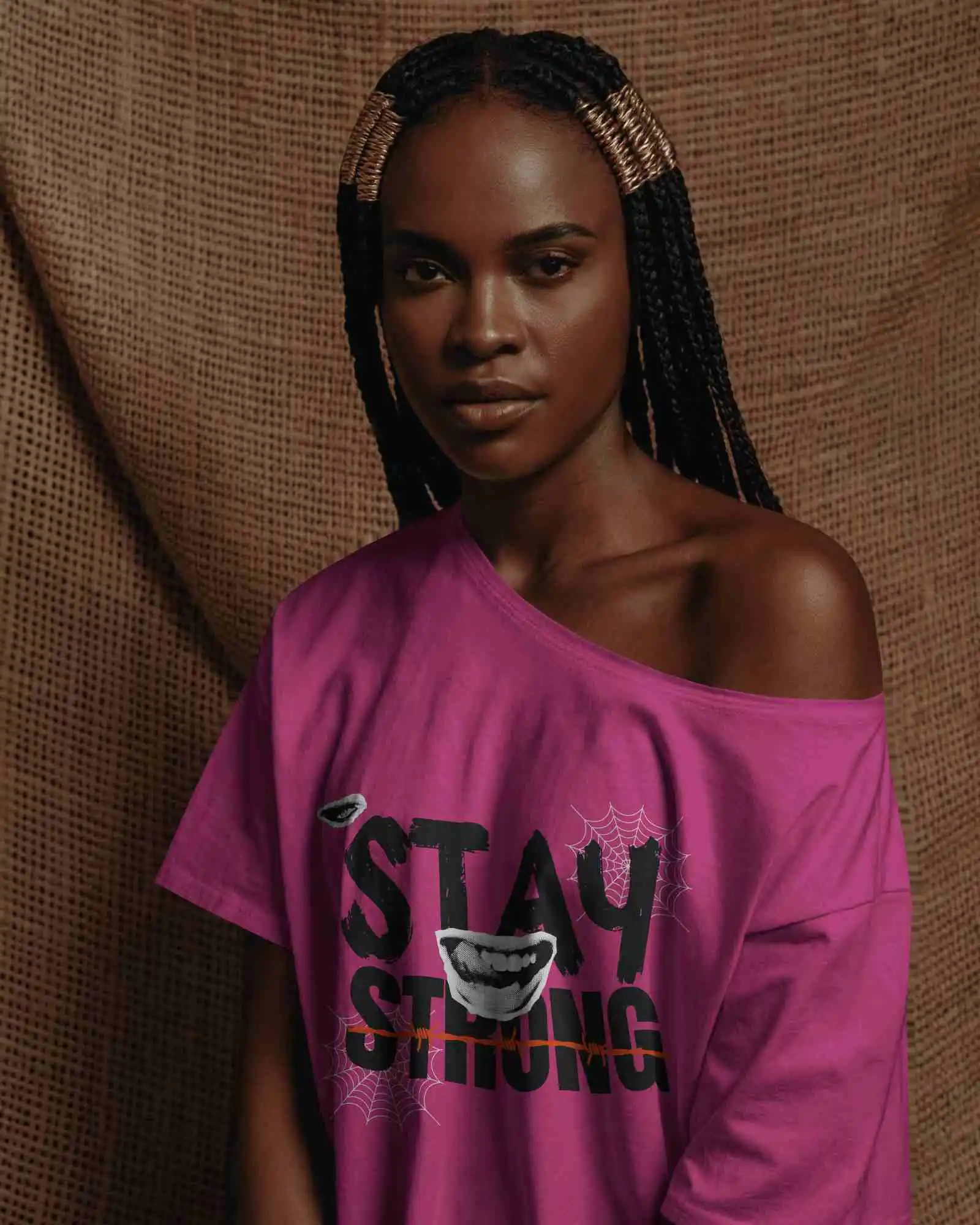 Earthy Toned Portrait Tshirt Mockup Female Model In White Off Shoulder Shirt Against Burlap Fabric Backdrop