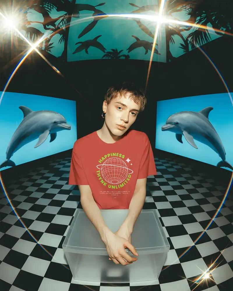 Futuristic Interior T Shirt Mockup Male Model Standing In Immersive Digital Aquatic Environment