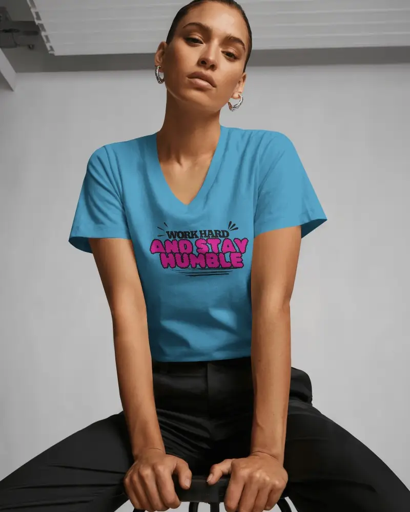 Premium Quality Female Tee Mockup Vneck Shirt Front View Sitting On Stool Clean Modern Studio Look