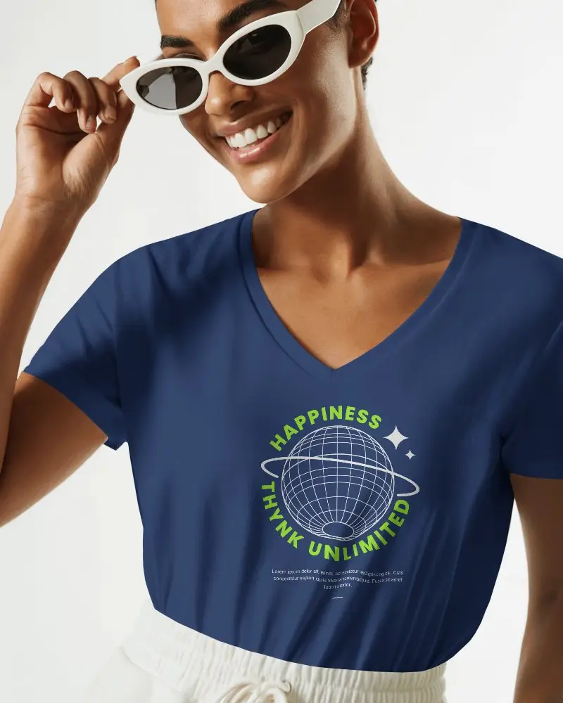 Modern Studio Vneck Tshirt Mockup Female Model Smiling In Sunglasses Clean White Background