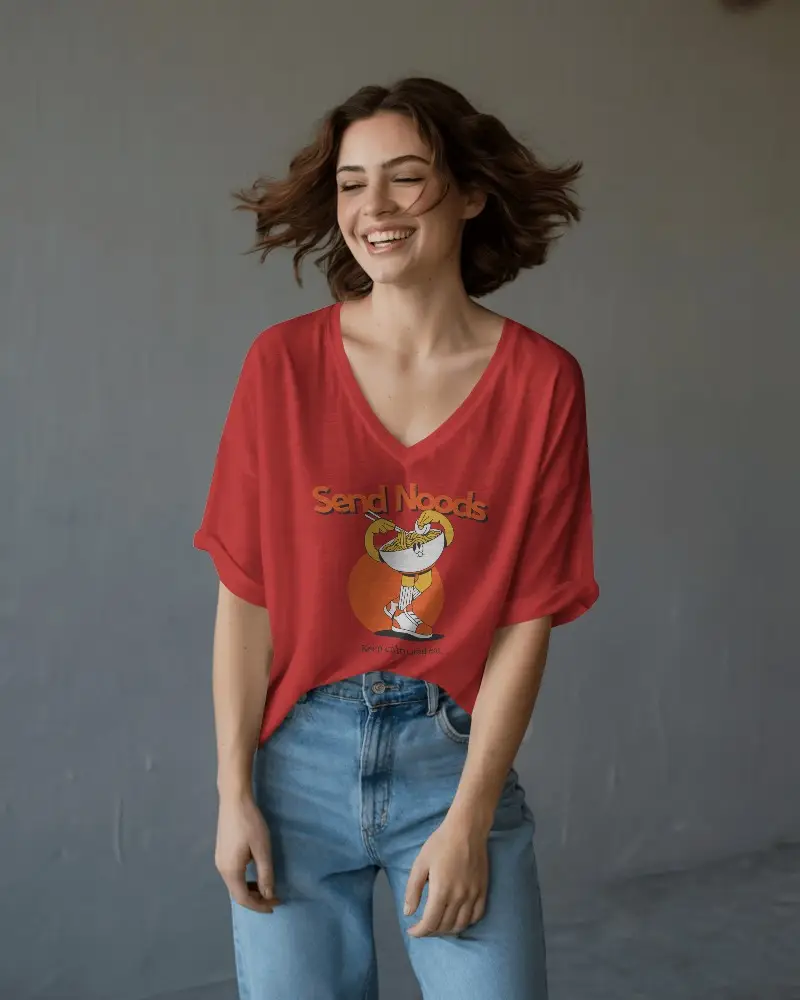 Modern Lookbook T Shirt Mockup Woman In White V Neck Shirt And High Waisted Denim Jeans