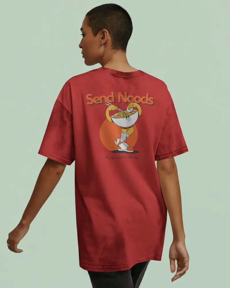 Back Facing Tshirt Mockup Loose Fit Shirt On Female Model In Minimal Studio