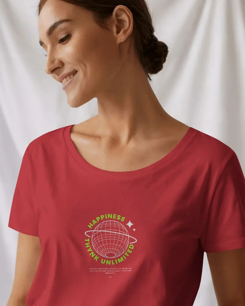 Relaxed Fit T Shirt Mockup Woman In Smooth Lighting Facing Downward In Clean Fabric Background