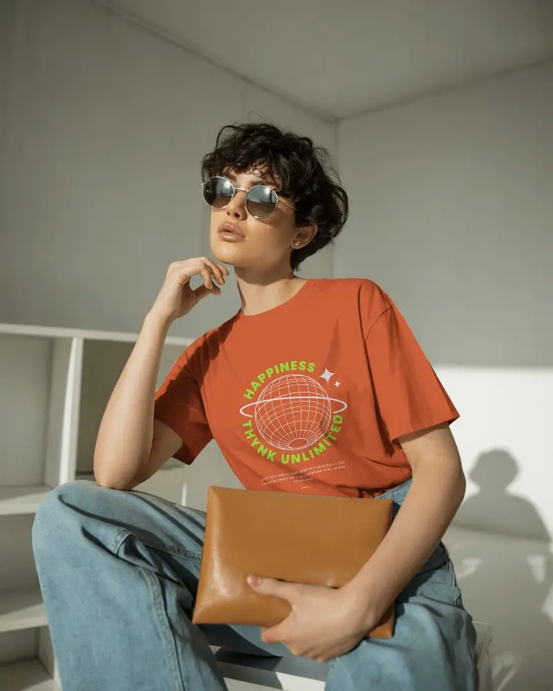 Contemporary Studio T Shirt Mockup Fashion Model With Curly Hair And Sleek Round Sunglasses