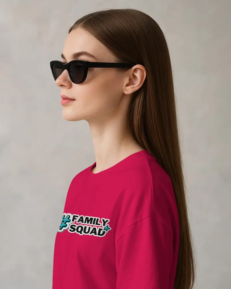 Sharp Side Profile Tshirt Mockup Female Model In Black Sunglasses Clean Studio Lighting