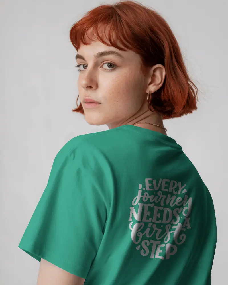 Back View White Tshirt Mockup Woman With Red Bob Cut And Neutral Studio Background 02043