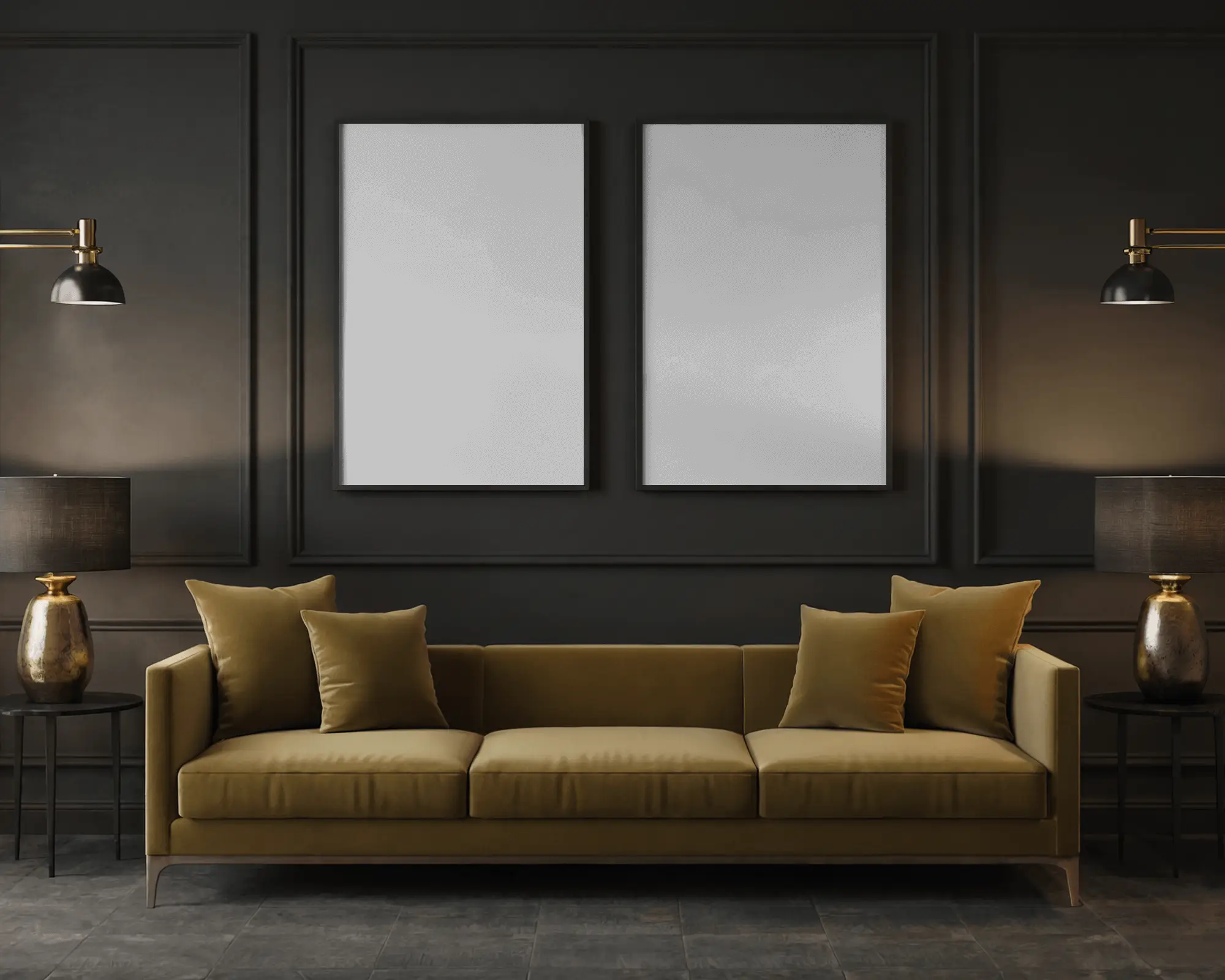 Double Canvas Mockup On Dark Wall Above Olive Sofa With Modern Lamps And Luxury Lighting