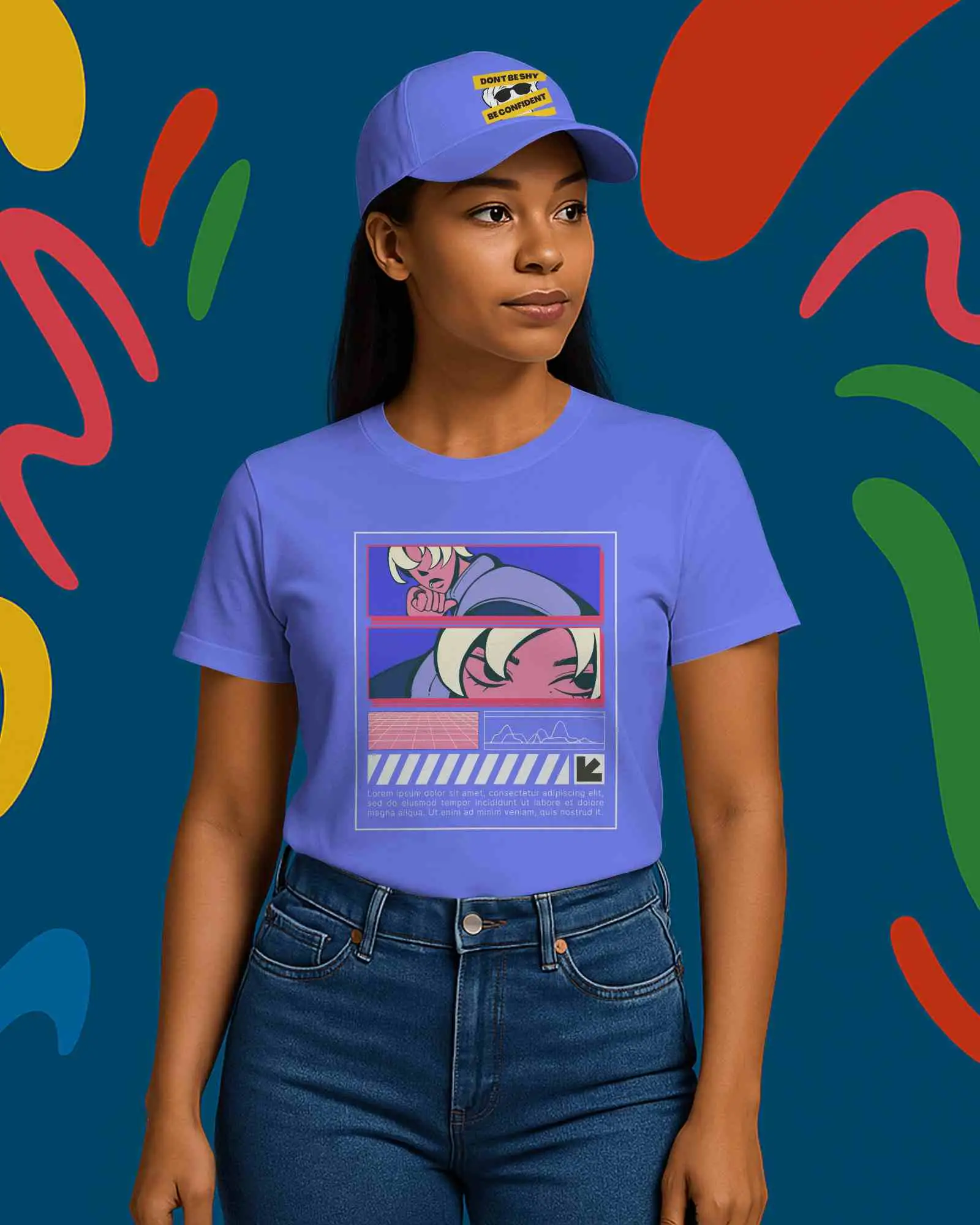 Vibrant Abstract Background T Shirt Mockup Female Model Wearing Gray Tee And Cap Facing Right