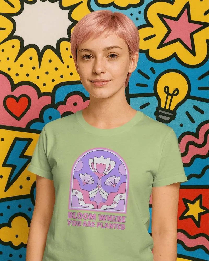 Comic Wall Tshirt Mockup Female Model With Light Pink Hair Standing Straight Colorful Pop Art Background Vibrant And Clean Look