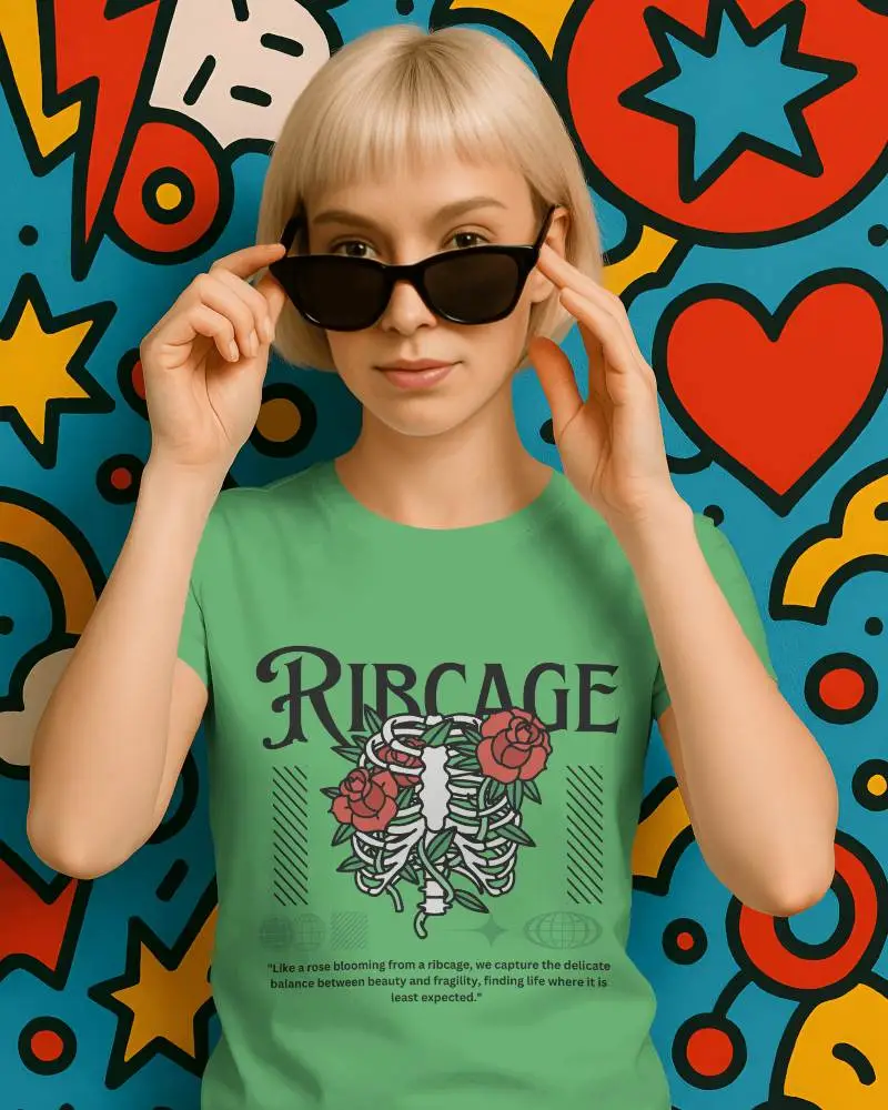 Comic Background Tshirt Mockup Female Model In Blonde Bob Wearing Black Sunglasses Stylish Modern Vibe