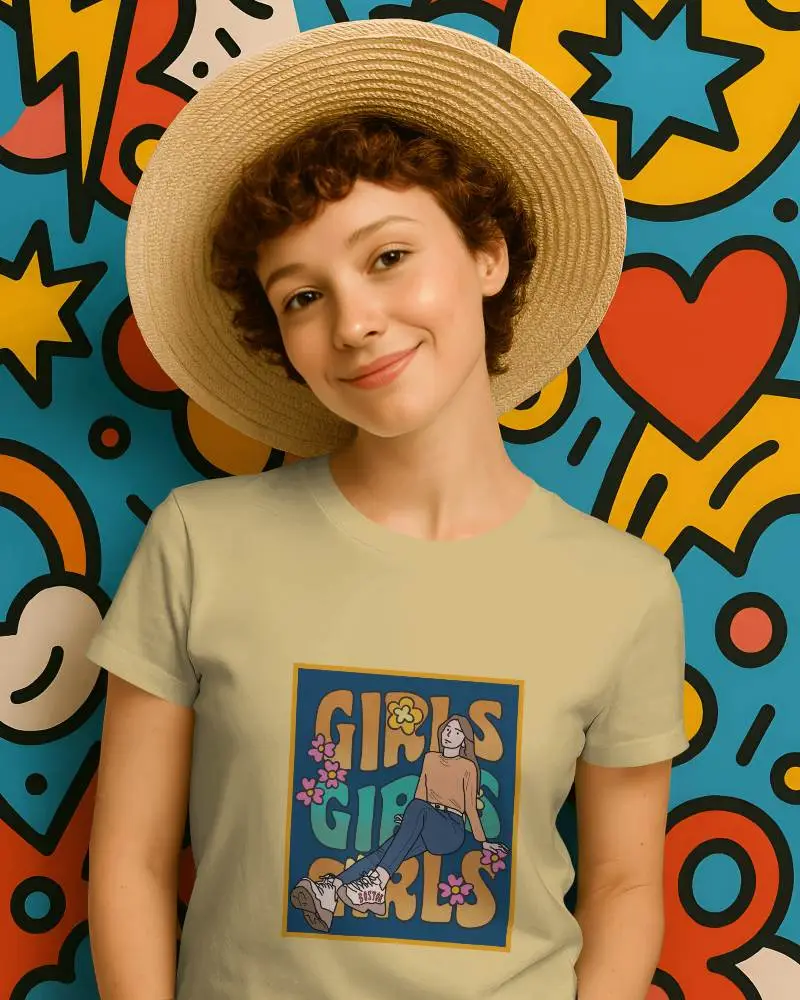 Vibrant Comic Style Tshirt Mockup Female Model In Summer Hat Smiling Against Playful Pop Art Background