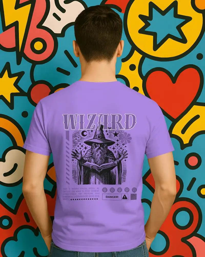 Back View Tshirt Mockup Male Model Standing Against Colorful Comic Pattern Wall Flat Back Angle Showcase