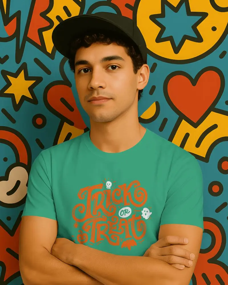 Modern Casual Tshirt Mockup Young Man In Cap Arms Crossed Front View On Bold Graphic Background