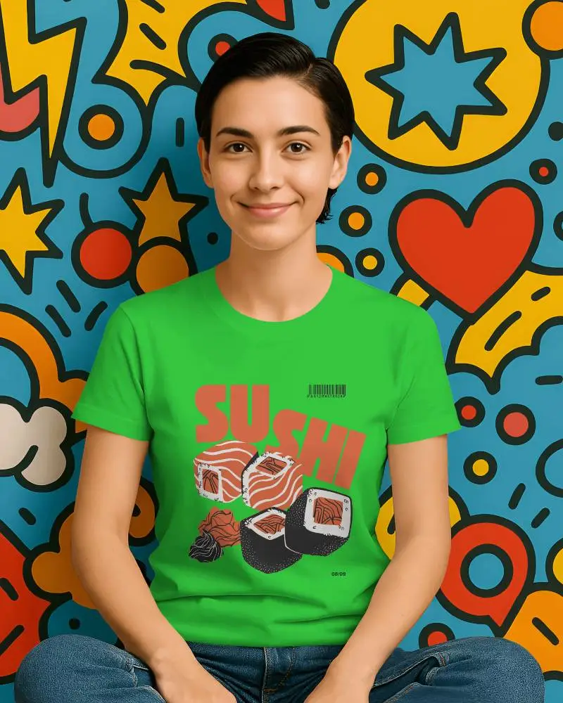 Seated Female Model Tshirt Mockup On Funky Colorful Comic Wall Background Relaxed And Modern Pose