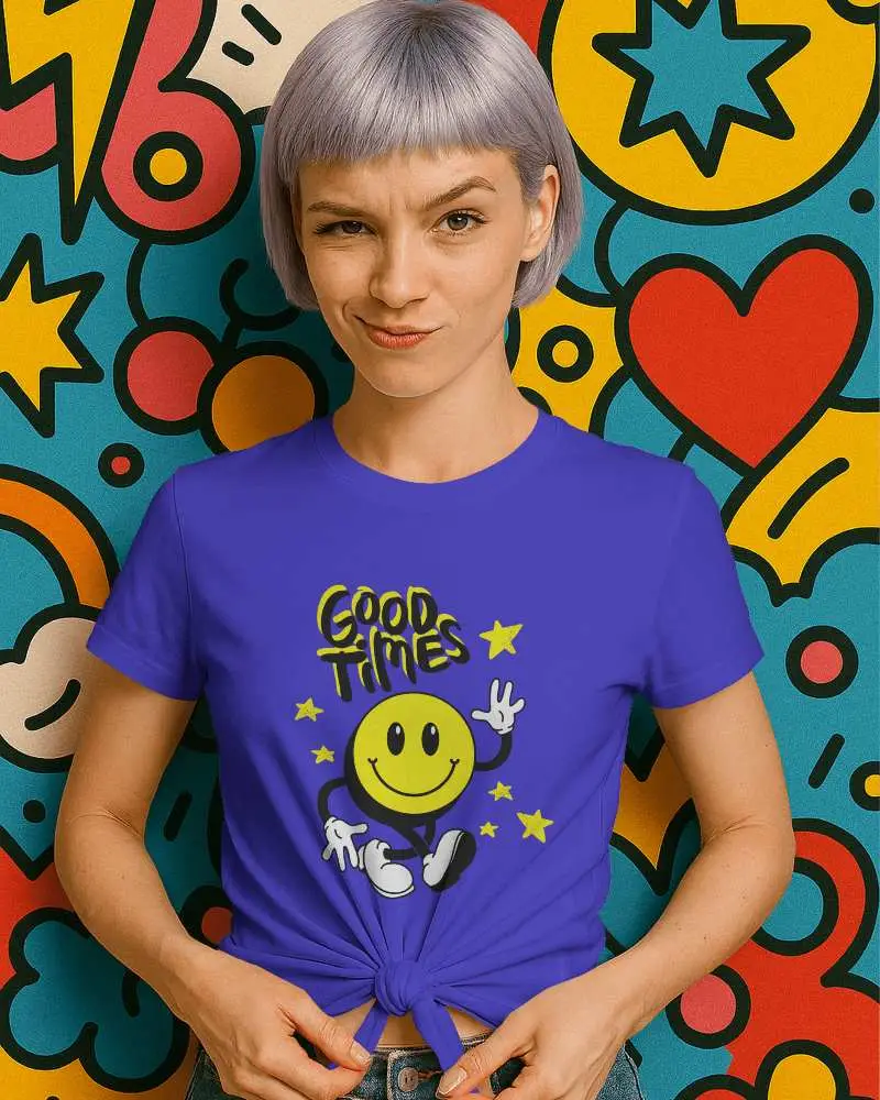 Comic Popart Tshirt Mockup Woman Knotting Tee With Playful Expression Purple Bob Cut Against Bold Graphic Backdrop Youthful Vibe