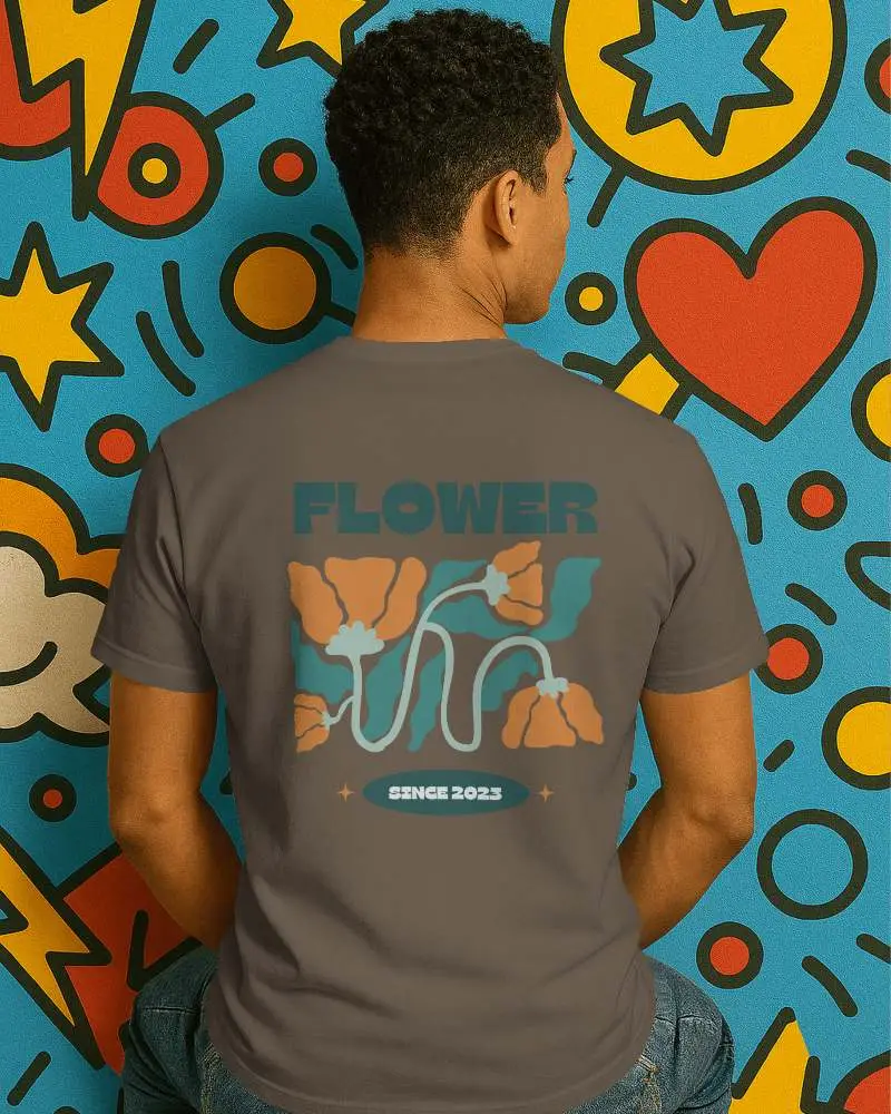 Comic Background Tshirt Mockup Male Model Back View Urban Style Fun Color Palette