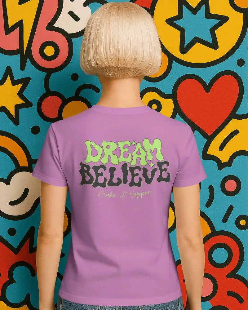 Popart Style Tshirt Mockup Female Back View Blonde Bob Cut Against Colorful Comic Wall Minimalist And Bold Contrast
