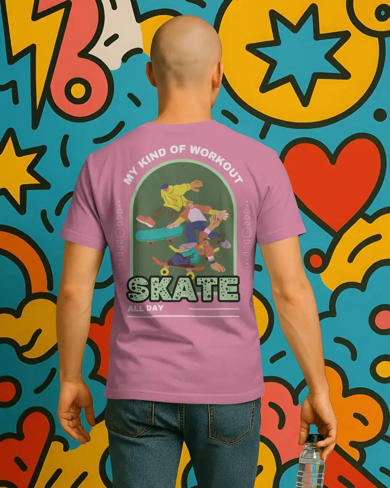 Comic Style Tshirt Mockup Male Model Back View Holding Water Bottle Against Bold Pop Art Wall Clean And Minimal Design