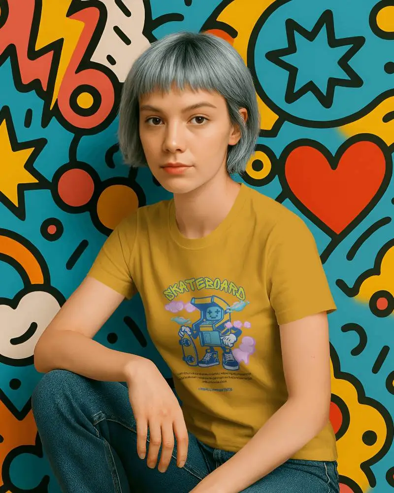 Pop Art Backdrop Tshirt Mockup Female Model With Blue Bob Sitting On Floor Casual And Modern Streetwear Vibe