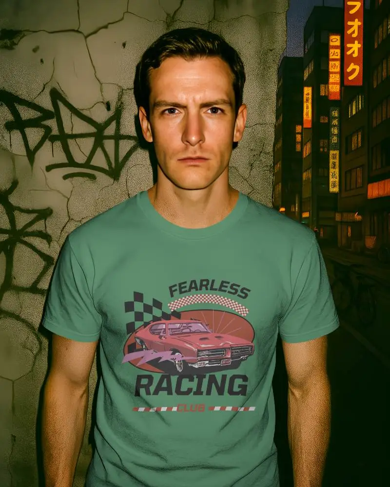 Grungy Wall T Shirt Mockup Serious Male Model With Strong Jawline Lit By City Neon Lights In Dark Street Scene