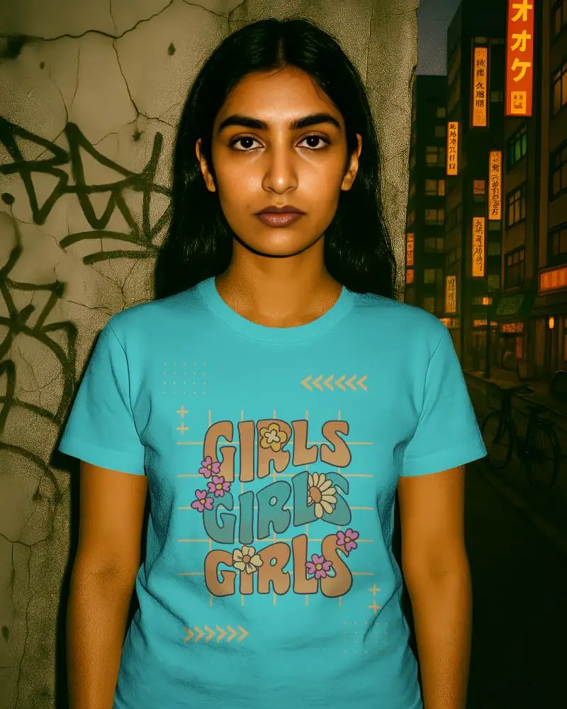Grungy Wall T Shirt Mockup Female Model With Neutral Expression And Dark Hair Against Cracked Wall And City Signs