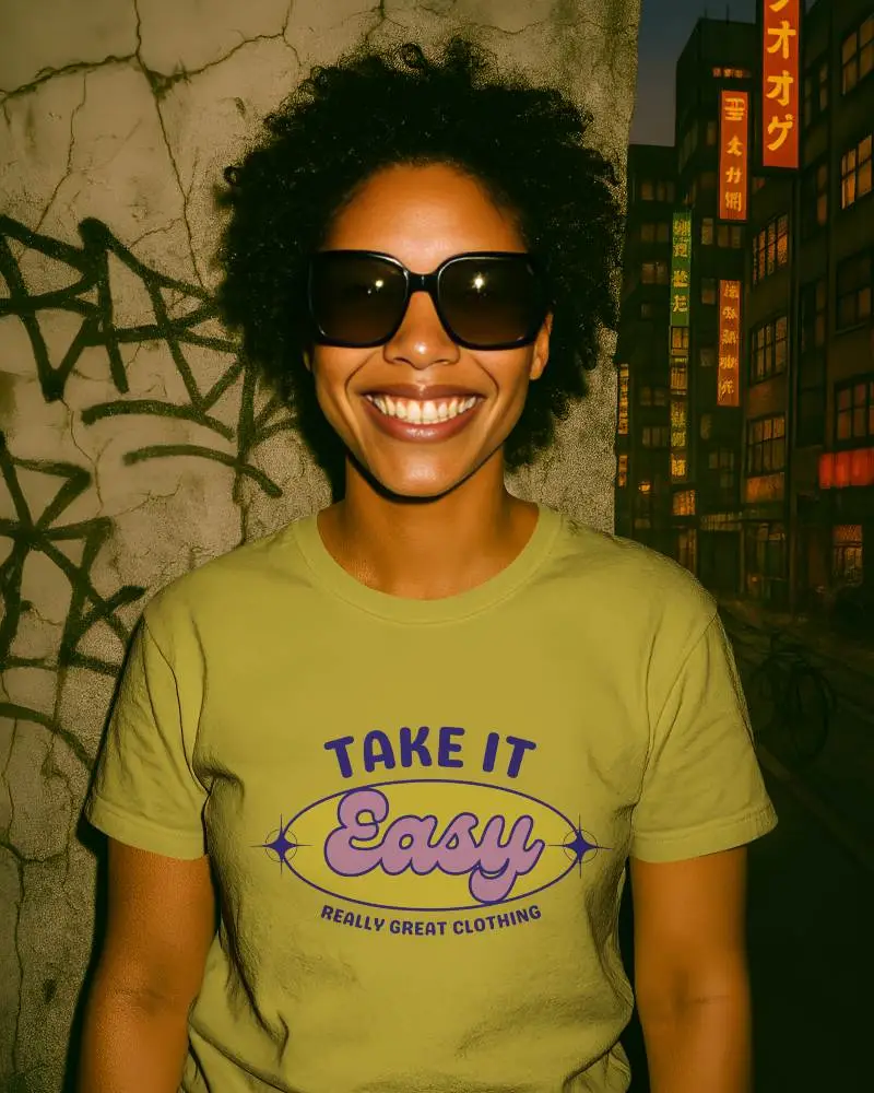 Grungy Wall T Shirt Mockup Smiling Female Model In Sunglasses Urban Graffiti Background Neon Night Lights