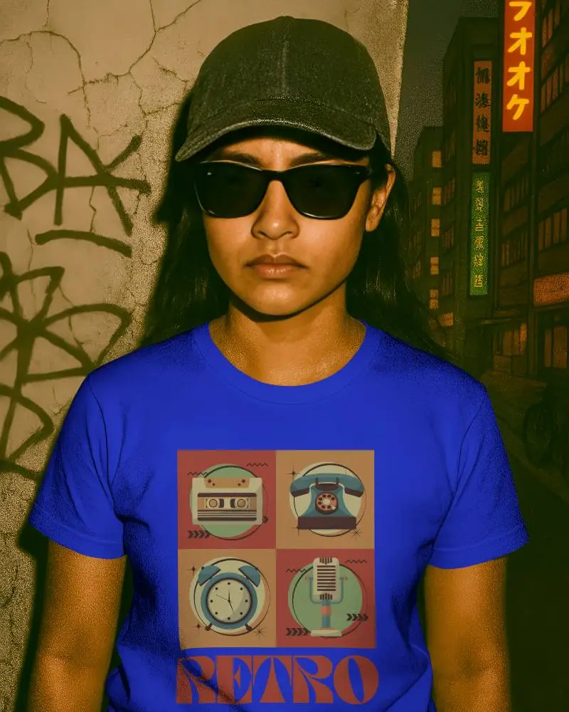 Grungy Wall T Shirt Mockup Female Model In Black Cap And Sunglasses Moody Expression With Urban Japanese Signs