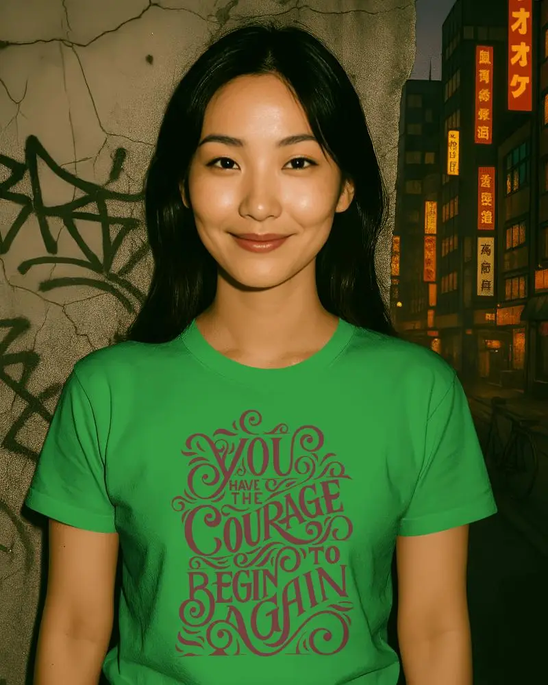 Grungy Wall T Shirt Mockup Softly Smiling Female Model With Straight Hair Aesthetic Nighttime Cityscape