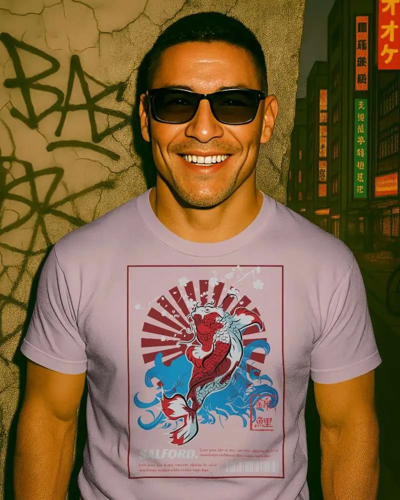 Grungy Street Style Tshirt Mockup Smiling Male Model In Sunglasses Against Urban Wall With Graffiti And Neon Signs Night City Vibes