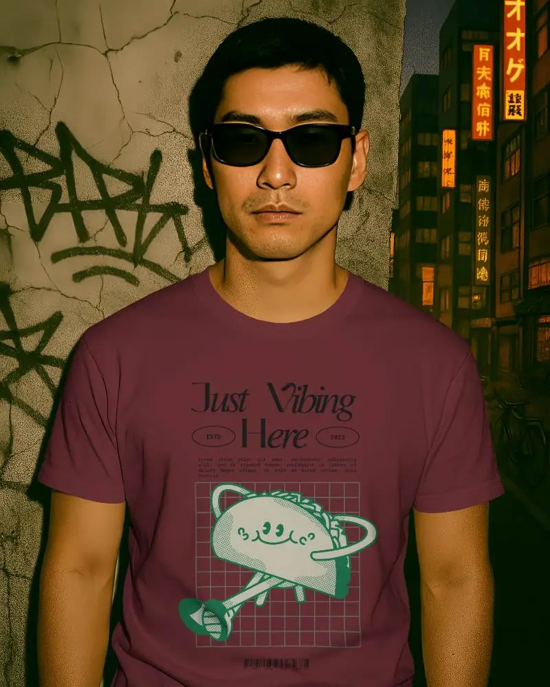 Edgy Urban Tshirt Mockup Confident Male Model With Shades Front Facing Against Cracked Wall And Asian Cityscape In Moody Night Light