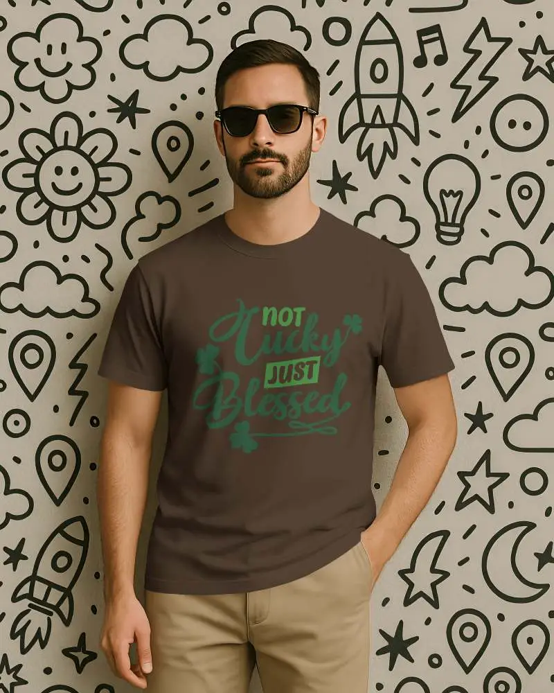 Casual Men T Shirt Mockup Male Model Standing Front Facing With Sunglasses Neutral Expression Vibrant Doodle Background