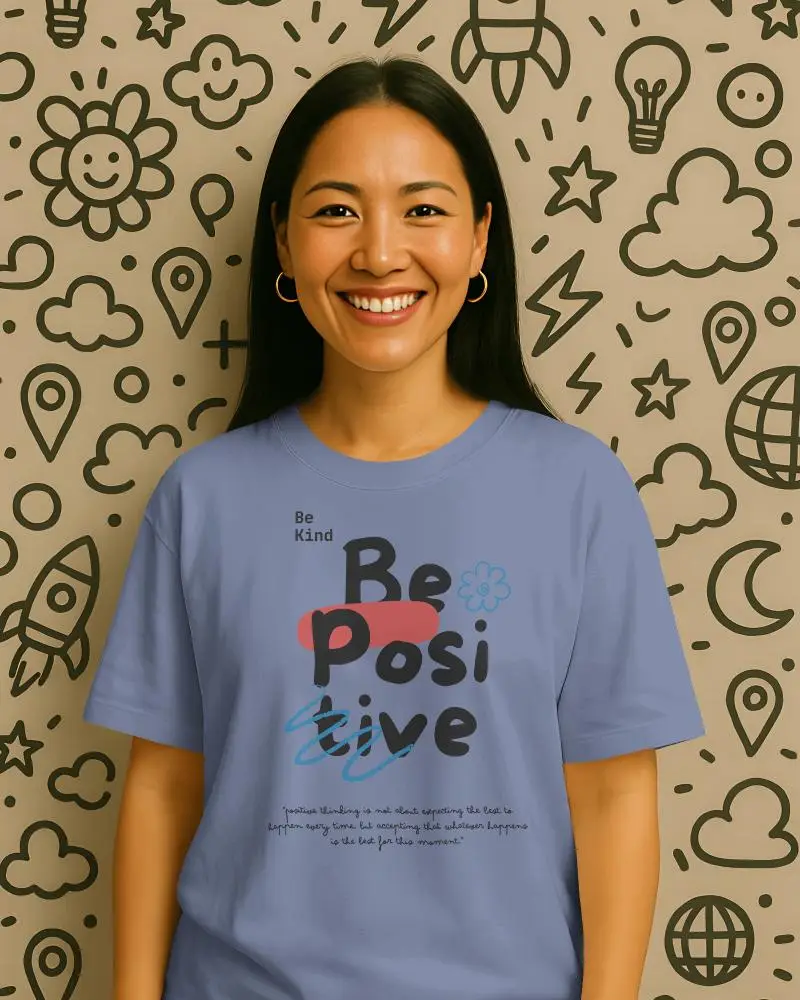 Smiling Female Model T Shirt Mockup Plain Tee Short Sleeve Gold Hoop Earrings Vibrant Doodle Wall Background