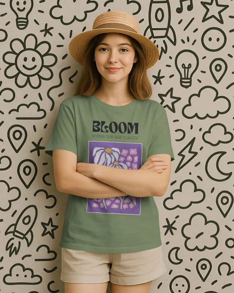 Casual Women T Shirt Mockup Female Model With Straight Hair Wearing Beige Shorts Plain Tshirt Creative Doodle Background