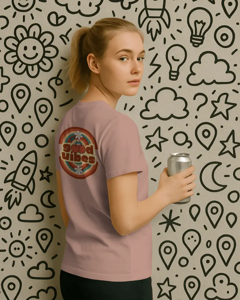 Casual Women T Shirt Mockup Female Model Looking Back Plain Tee Creative Doodle Wall Background Wearing Dark Pants