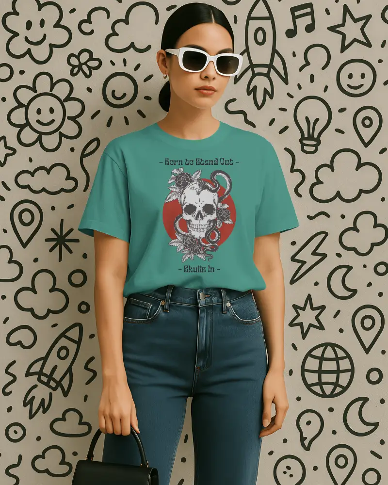 Clean Studio Tshirt Mockup Female Model Standing Against Beige Wall With Black Doodle Art Holding Black Handbag Casual Chic