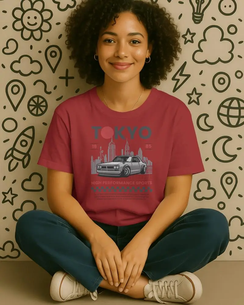 High Quality Mockup Female Model Sitting Cross Legged With Black Curly Hair On Beige Doodle Wall Background