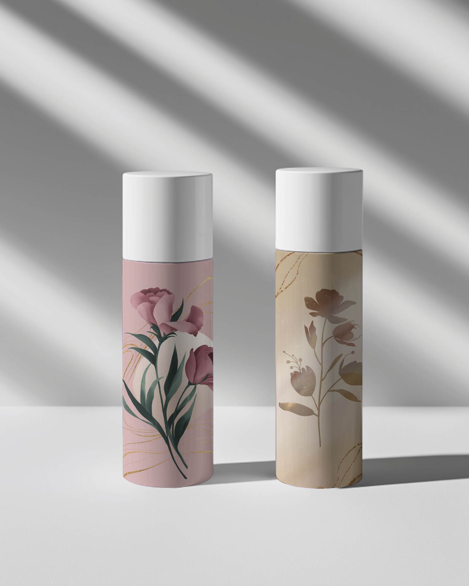 Premium Cosmetic Bottle Mockup Dual White Packaging In Modern Studio Setting With Soft Light And Contrast