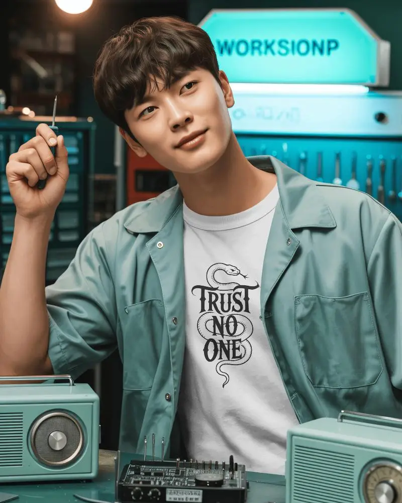 Casual Workshop Tshirt Mockup Perfect For Electronics Repair And Technology Themed Apparel