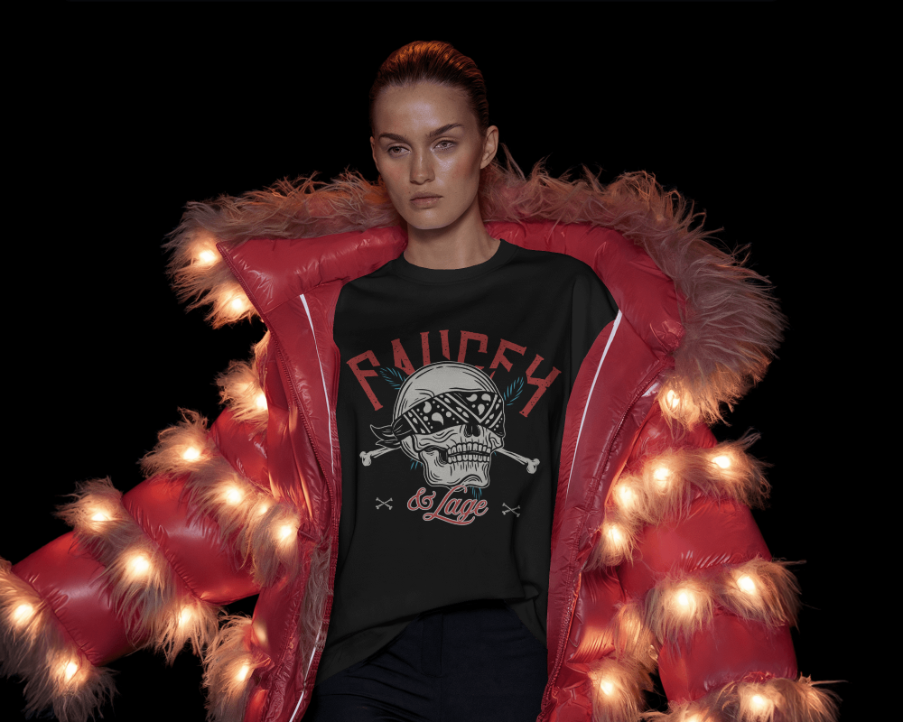 High Fashion Runway T Shirt Mockup Female Model In Illuminated Red Puffer Jacket Bold And Futuristic Aesthetic 0866