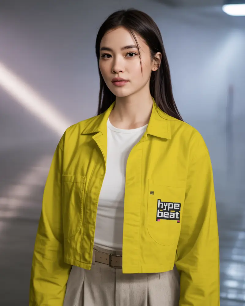 Indoor Lifestyle Denim Jacket Mockup Female Model Relaxed Stance Modern Space And Natural Light Fee