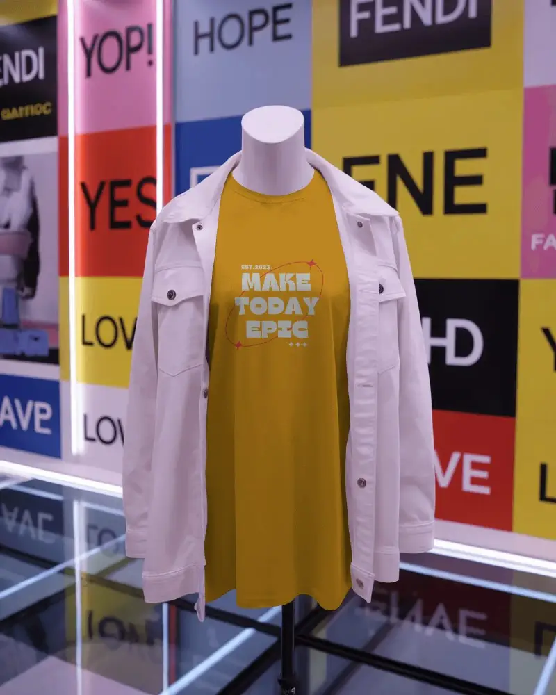 Plain Basic Tshirt Mockup On Mannequin With Jacket Stylish Fashionable Outfit Display