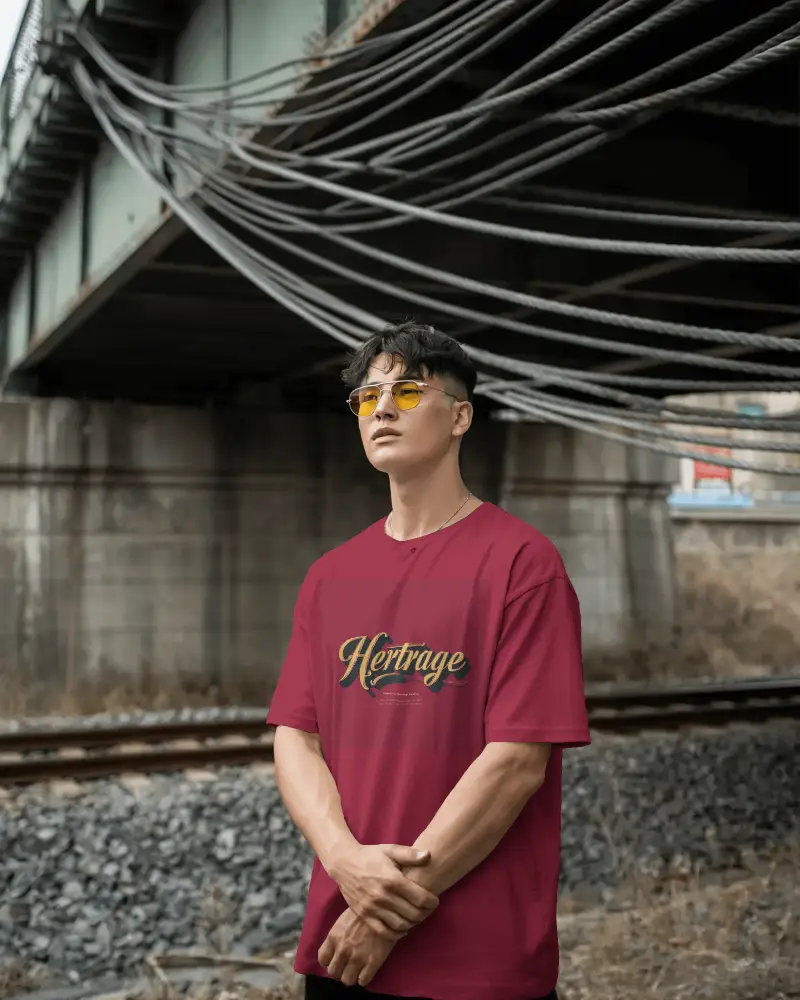 Trendy Youth Outfit Plain Tshirt Mockup Model Posing Background Industrial Vintage Look